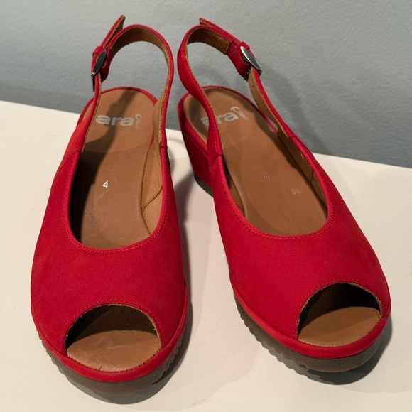 Ara Red Suede Colleen Slingback Leather Wedge Sandals - Size 6.5 - Picture 9 of 13